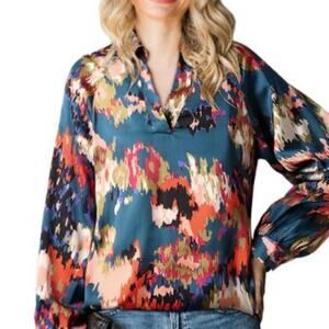 SIEANE Women's Graffiti Printed V Neck Puff Sleeve Blouse Casual bohemian shirts